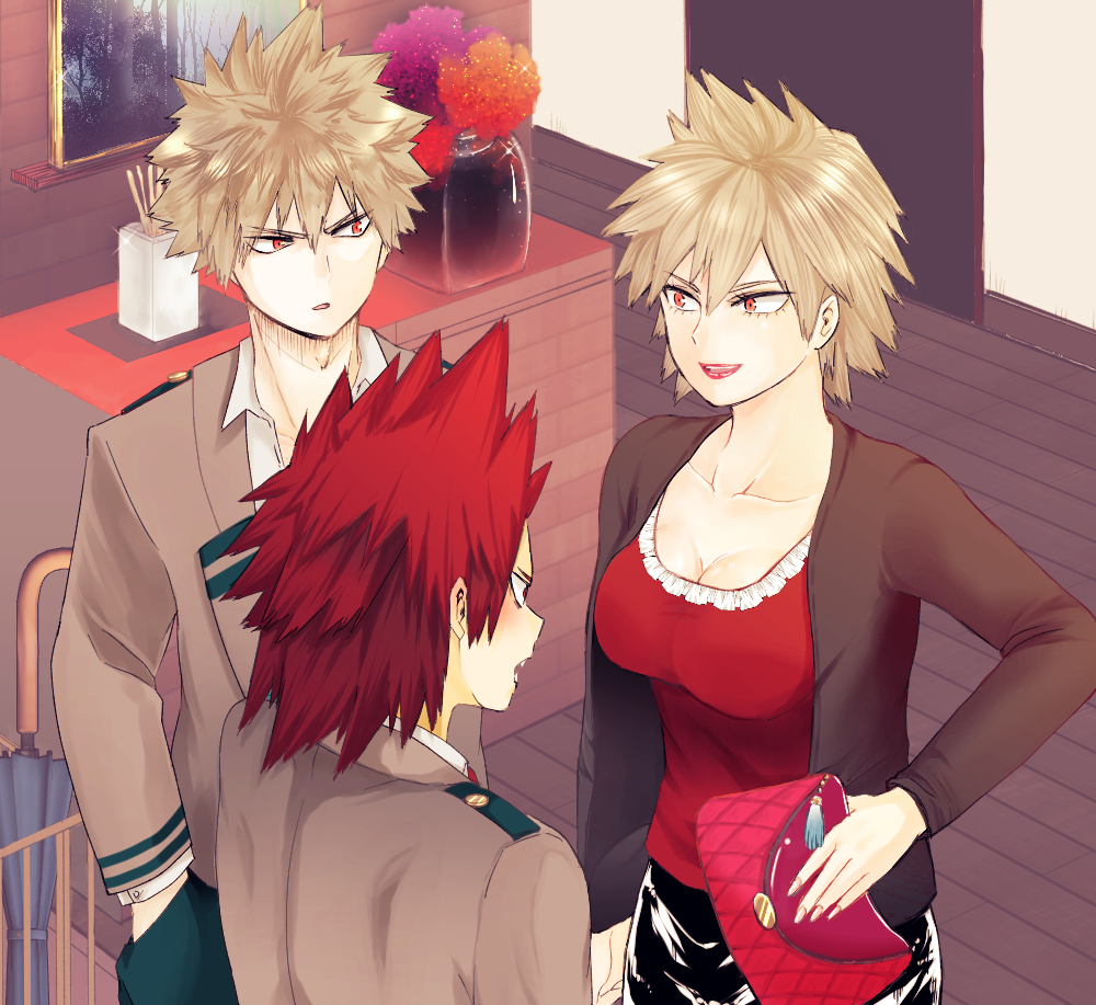 1girl 2boys bakugou_katsuki bakugou_mitsuki blush boku_no_hero_academia breasts brown_hair cleavage kirishima_eijirou large_breasts mature mother_and_son multiple_boys redhead short_hair spiky_hair standing