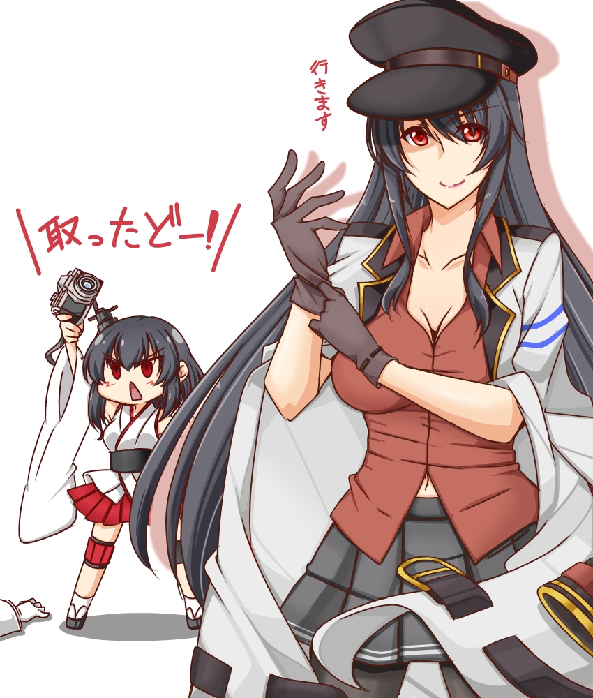 1boy 2girls admiral_(kantai_collection) belt belt_buckle black_gloves black_hair black_hat breasts buckle camera cleavage collarbone cosplay epaulettes fusou_(kantai_collection) gangut_(kantai_collection) gangut_(kantai_collection)_(cosplay) gloves grey_skirt hat jacket japanese_clothes kantai_collection kuon_(nokokopopo) large_breasts long_hair long_sleeves looking_at_viewer miko military military_uniform multiple_girls navel open_clothes open_jacket peaked_cap pleated_skirt red_eyes red_shirt shirt short_hair short_sleeves skirt smile uniform white_gloves white_jacket yamashiro_(kantai_collection)
