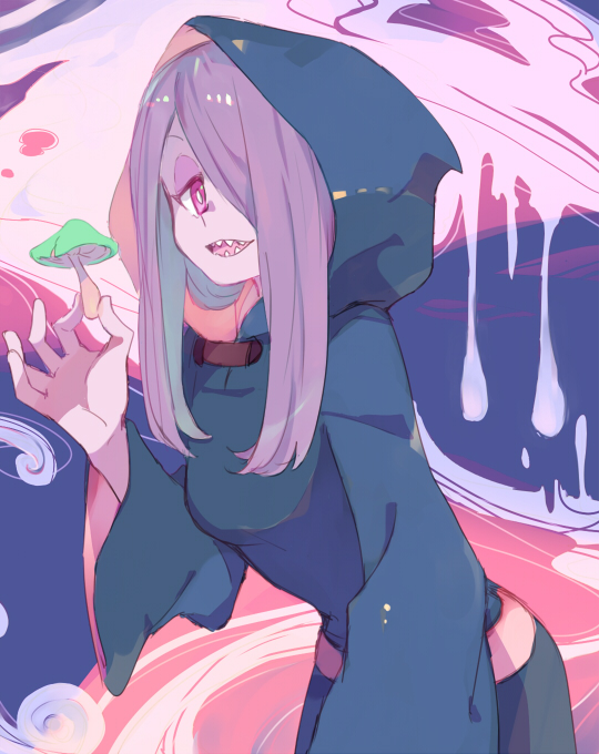 1girl hair_over_one_eye holding hood little_witch_academia long_hair mushroom pale_skin pink_hair red_eyes robe sharp_teeth solo sou_(tuhut) sucy_manbavaran teeth wide_sleeves witch