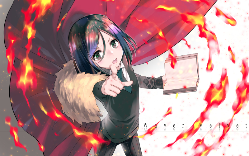1boy black_hair black_necktie book cape character_name eyebrows_visible_through_hair fate/zero fate_(series) fire from_above holding holding_book index_finger_raised looking_at_viewer male_focus necktie open_book open_mouth pointing pointing_at_viewer red_cape short_hair simple_background solo sweater tamaki_mitsune teeth waver_velvet white_background