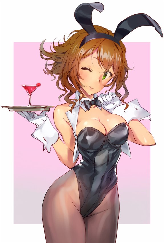 10s 1girl animal_ears bare_shoulders black_bow black_bowtie black_leotard bow bowtie breasts brown_hair brown_legwear bunnysuit cleavage cowboy_shot cup detached_collar drinking_glass gloves green_eyes kantai_collection leotard looking_at_viewer matsuda_(matsukichi) medium_breasts mutsu_(kantai_collection) one_eye_closed pantyhose rabbit_ears short_hair smile solo strapless strapless_leotard tray vest wavy_hair white_gloves white_vest wine_glass wrist_cuffs