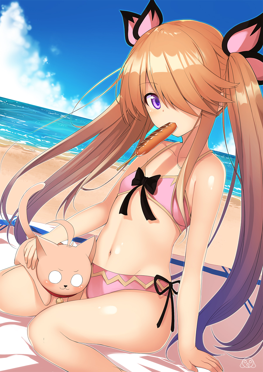 1girl beach bikini cat corndog day flat_chest front-tie_top hair_over_one_eye hair_ribbon highres long_hair mahcdai orange_hair original outdoors pink_bikini ribbon side-tie_bikini sitting swimsuit twintails violet_eyes wariza