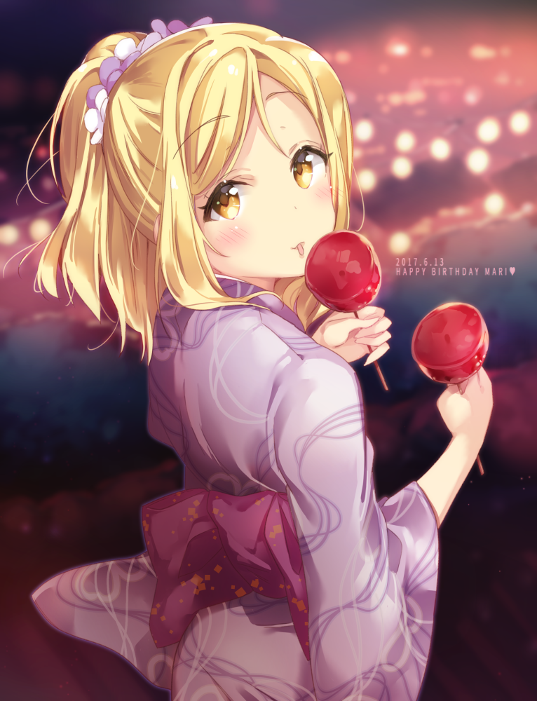 1girl alternate_hairstyle blonde_hair blurry blurry_background blush bokeh candy_apple dated depth_of_field eyebrows_visible_through_hair festival food happy_birthday holding japanese_clothes kimono looking_at_viewer looking_back love_live! love_live!_sunshine!! micopp obi ohara_mari ponytail sash sidelocks solo tongue wide_sleeves yellow_eyes yukata