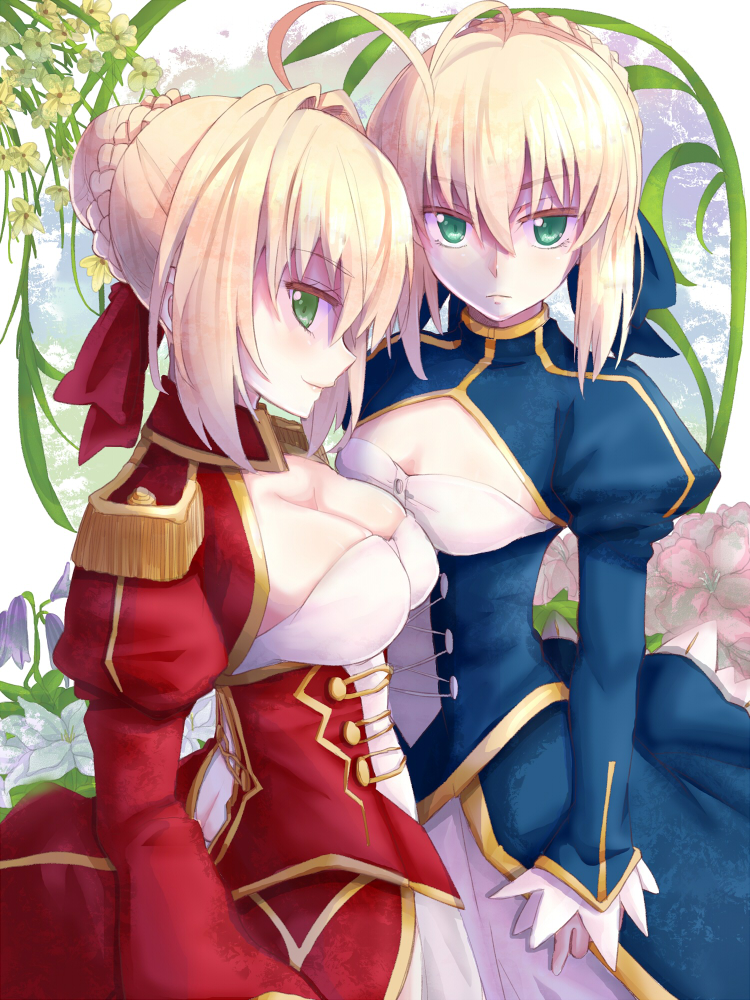 2girls ahoge ass blonde_hair blue_dress breasts cleavage dress eyebrows_visible_through_hair fate/extra fate_(series) green_eyes hair_between_eyes hair_ribbon looking_at_viewer medium_breasts multiple_girls red_dress red_ribbon ribbon saber saber_extra short_hair_with_long_locks sidelocks small_breasts smile standing yellow_flower yude