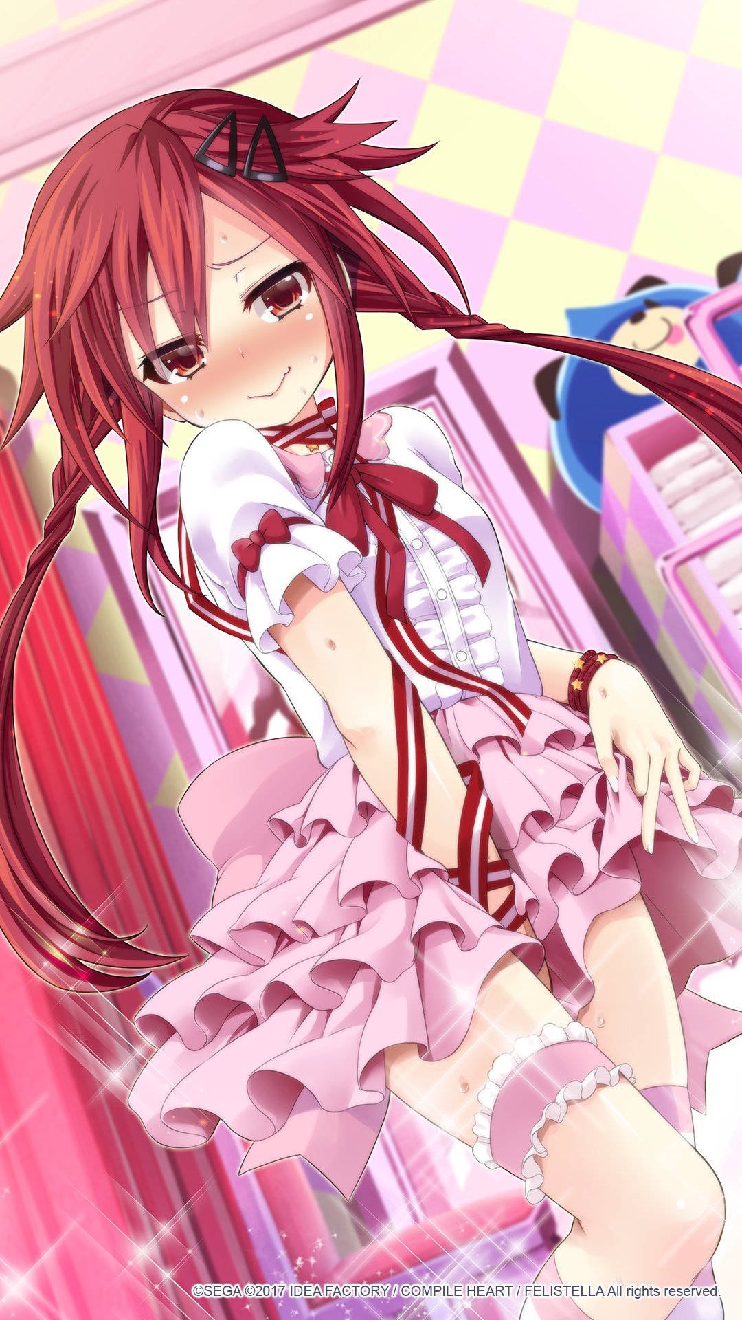 1girl alternate_costume blush dogoo frilled_skirt frilled_sleeves frills hair_ornament highres long_hair looking_at_viewer neptune_(series) official_art puffy_short_sleeves puffy_sleeves redhead ribbon-trimmed_sleeves ribbon_trim shirt short_sleeves skirt solo tennouboshi_uzume tsunako twintails