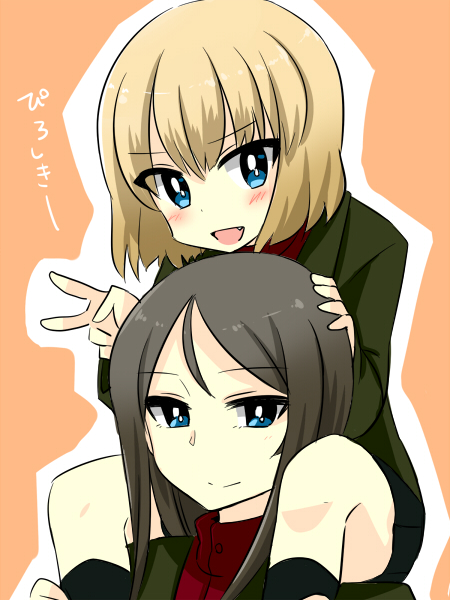 2girls bangs black_hair black_legwear black_skirt blonde_hair blue_eyes carrying closed_mouth fang girls_und_panzer green_jacket jacket katyusha light_smile long_hair long_sleeves looking_at_viewer mikaze miniskirt multiple_girls nonna open_mouth pleated_skirt pravda_school_uniform red_shirt russian school_uniform shirt short_hair shoulder_carry skirt smile socks standing swept_bangs translated turtleneck v