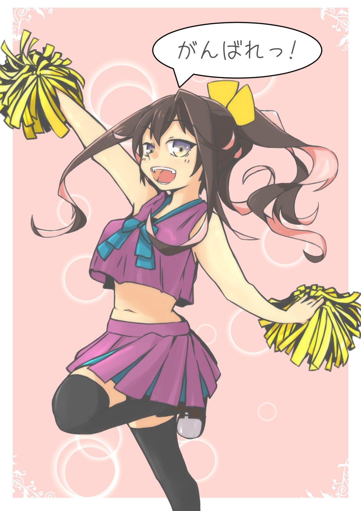 10s 1girl adapted_costume alternate_hairstyle arm_up black_legwear boots bow brown_hair bubble_background cheering cheerleader crop_top crop_top_overhang fang hair_bow highres kantai_collection knee_up long_hair looking_at_viewer macbail multicolored_hair naganami_(kantai_collection) navel pink_background pink_hair pleated_skirt pom_poms ponytail skirt solo thigh-highs two-tone_hair wavy_hair yellow_bow yellow_eyes zettai_ryouiki