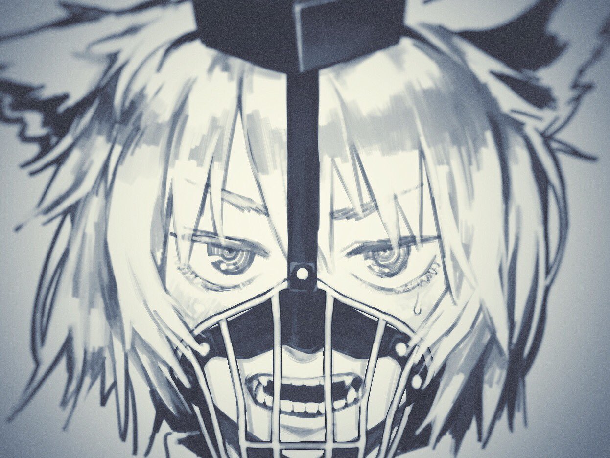 1girl animal_ears bangs blurry close-up depth_of_field eyebrows_visible_through_hair face fangs geroshabu greyscale hair_between_eyes hat inubashiri_momiji looking_at_viewer monochrome muzzle open_mouth short_hair solo sweat teeth tokin_hat touhou wolf_ears