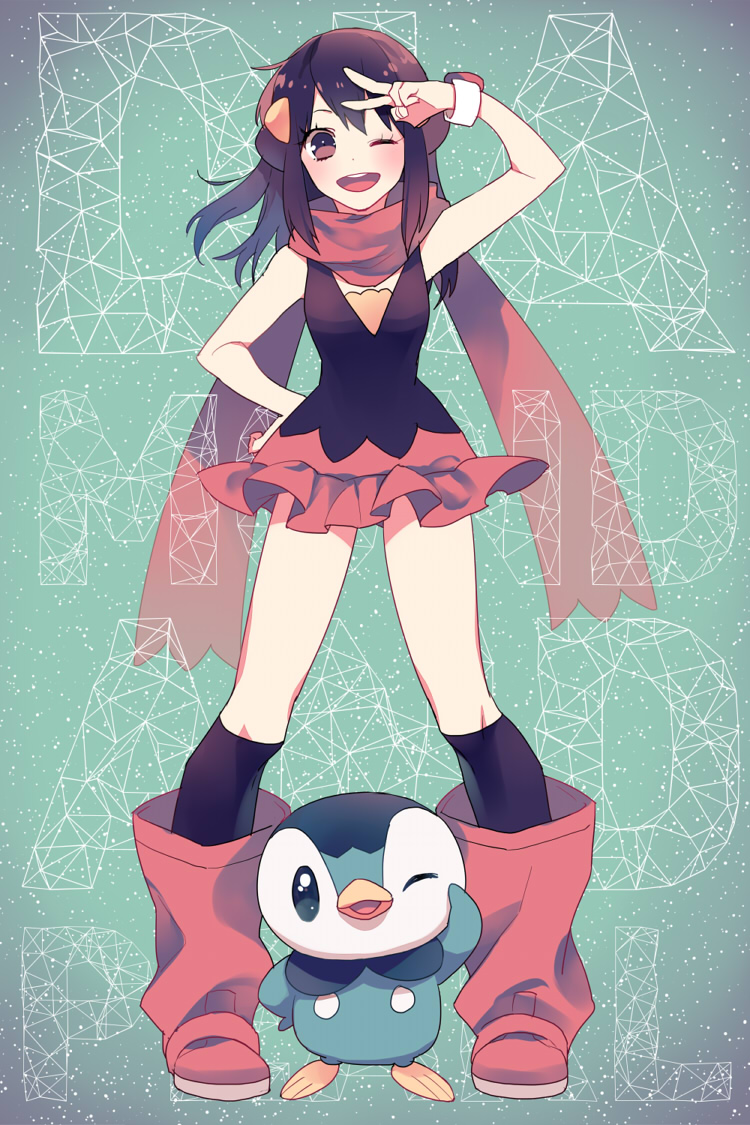 1girl ;d black_hair black_legwear copyright_name float floating_hair full_body glasses gum_(gmng) hair_ornament hand_on_hip hikari_(pokemon) kneehighs long_hair miniskirt one_eye_closed open_mouth piplup pokemon pokemon_(creature) pokemon_(game) pokemon_dppt red_skirt round_glasses skirt sleeveless smile standing v