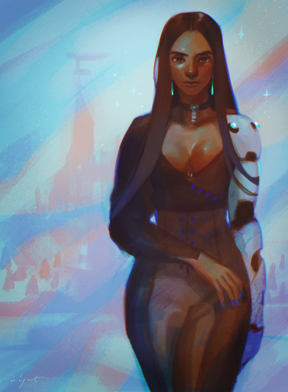 1girl black_dress black_hair blue_nails breasts casual choker cleavage curvy cyborg dark_skin dress forehead hair_down highres long_hair mechanical_arm medium_breasts nail_polish nisat no_headwear overwatch simple_background solo symmetra_(overwatch)