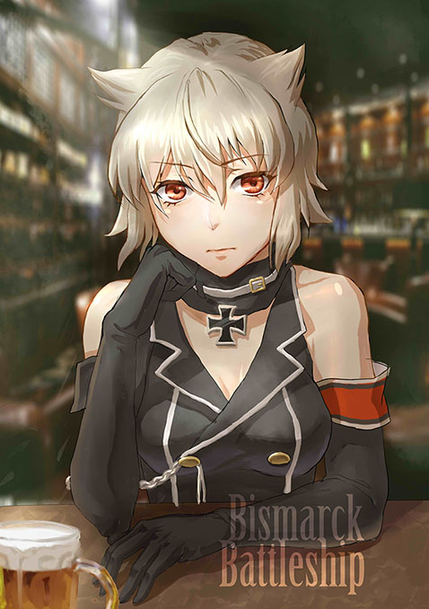 1girl alcohol bare_shoulders beer beer_mug bismarck_(zhan_jian_shao_nyu) black_collar black_gloves black_jacket blacksonata5 buttons character_name closed_mouth elbow_gloves elbow_rest elbows_on_table gloves head_rest iron_cross jacket looking_at_viewer military military_uniform red_eyes short_hair silver_hair solo table tassel tavern uniform zhan_jian_shao_nyu