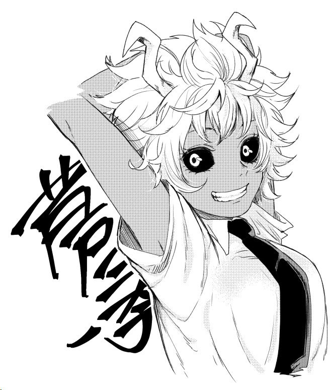 1girl antennae armpit_peek armpits arms_up ashido_mina black_sclera boku_no_hero_academia breasts collared_shirt greyscale looking_at_viewer monochrome necktie school_uniform shirt short_hair short_sleeves simple_background smile solo suzu_(tg_390) teeth upper_body white_background