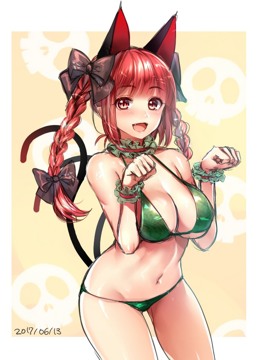 1girl animal_ears bangs bare_shoulders bikini black_bow bow braid breasts cat_ears cat_tail cleavage cowboy_shot dated eyebrows_visible_through_hair fang green_bikini hair_bow halter_top halterneck highres kaenbyou_rin kanzaki_maguro large_breasts long_hair looking_at_viewer navel open_mouth paw_pose red_eyes redhead sketch skull smile solo swimsuit tail touhou twin_braids wrist_cuffs