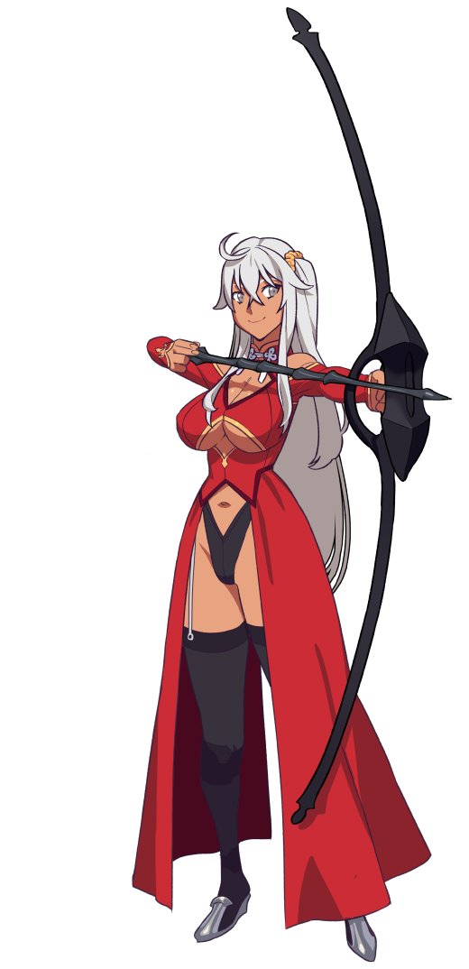 1girl archer bow_(weapon) breasts cleavage dark_skin fate/stay_night fate_(series) genderswap genderswap_(mtf) grey_eyes hrunting large_breasts lilirulu long_hair side_ponytail solo thigh-highs weapon white_hair