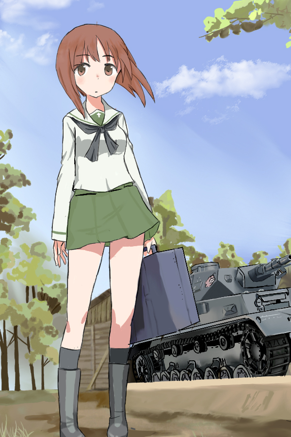 1girl bag bangs black_boots black_legwear black_neckerchief blouse boots brown_eyes brown_hair calligraphy_brush_(medium) clouds cloudy_sky day emblem forest full_body girls_und_panzer green_skirt ground_vehicle holding long_sleeves looking_at_viewer military military_vehicle miniskirt motor_vehicle nature neckerchief nishizumi_miho ooarai_(emblem) ooarai_school_uniform outdoors panzerkampfwagen_iv pleated_skirt school_bag school_uniform serafuku shimada_fumikane_(style) short_hair skirt sky socks solo sonzai_soumei standing tank white_background white_blouse wind