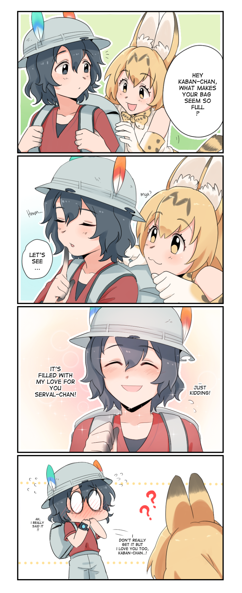 !! ... 0_0 2girls 4koma :3 ? ?? ^_^ animal_ears bag black_hair blonde_hair blush bow bowtie closed_eyes comic covering_mouth embarrassed english hat hat_feather highres kaban_(kemono_friends) kemono_friends multiple_girls red_shirt rokettopencil serval_(kemono_friends) serval_ears serval_print serval_tail shirt shocked_eyes shorts smile sparkle speech_bubble tail text yuri