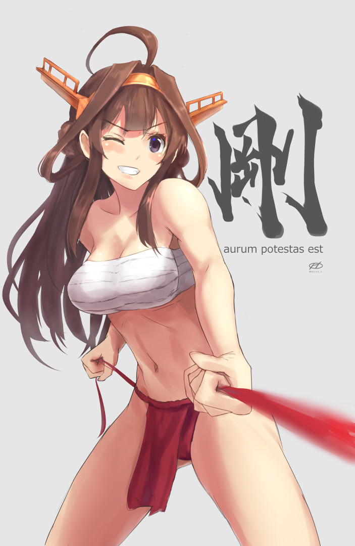 &gt;;d 10s 1girl ahoge arm bare_arms bare_legs bare_shoulders blush breasts brown_hair cleavage clenched_teeth collarbone depth_of_field double_bun female grey_background grin hair_intakes hairband haruto_(harut_n) headgear highres kantai_collection kongou_(kantai_collection) large_breasts legs long_hair looking_at_viewer midriff navel neck one_eye_closed pulling sarashi sidelocks simple_background smile solo standing strapless teeth violet_eyes