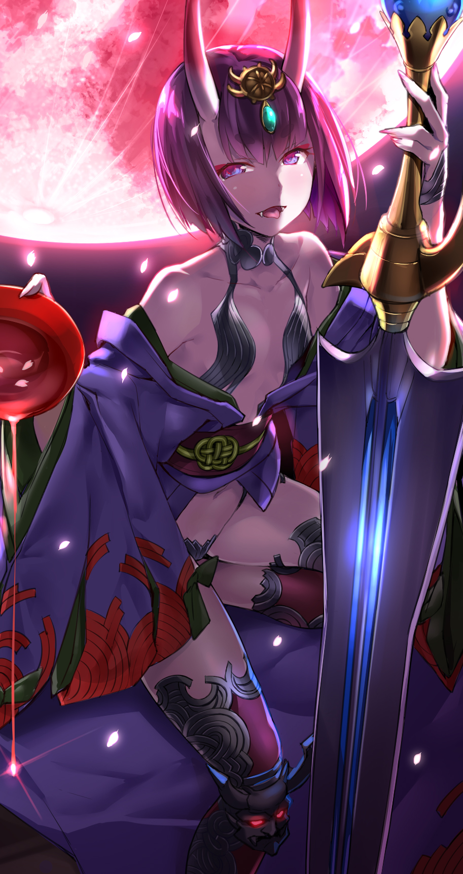 1girl alcohol blush chikugen_shiina collarbone commentary_request cup eyebrows_visible_through_hair fangs fate/grand_order fate_(series) flat_chest highres holding holding_sword holding_weapon horns japanese_clothes kimono looking_at_viewer moon navel off_shoulder oni oni_horns open_mouth outdoors petals purple_hair red_moon sakazuki sake short_hair shuten_douji_(fate/grand_order) sitting smile solo sword thigh-highs tongue tongue_out violet_eyes weapon