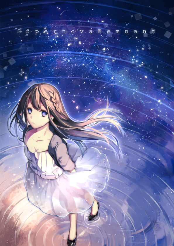 1girl arms_behind_back black_shoes blue_eyes breasts brown_hair cleavage collarbone floating_hair from_aboe full_body jacket long_hair looking_at_viewer looking_up medium_breasts original rakugakiii reflecting_pool see-through shirt shoes skirt sky solo star_(sky) starry_sky striped striped_shirt vertical-striped_shirt vertical_stripes very_long_hair white_shirt white_skirt