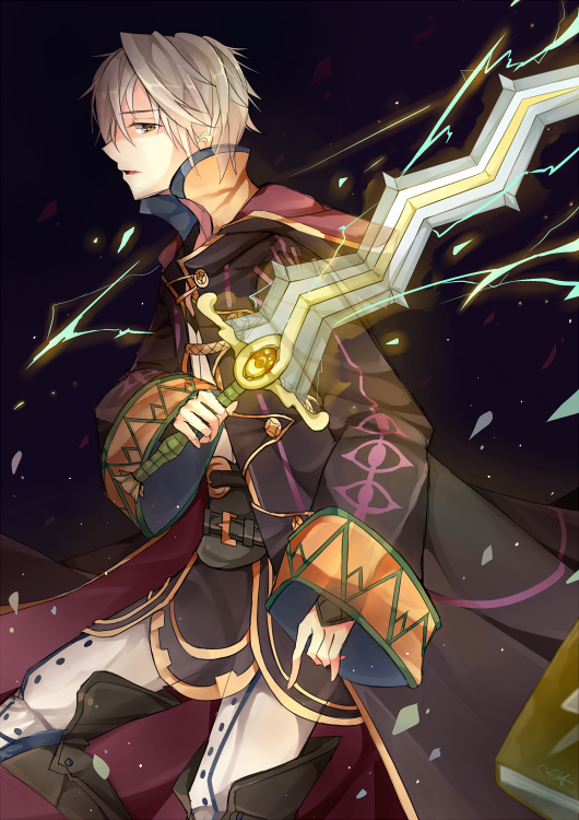 book cloak fire_emblem fire_emblem:_kakusei holding holding_sword holding_weapon long_sleeves looking_at_viewer male_my_unit_(fire_emblem:_kakusei) my_unit_(fire_emblem:_kakusei) red_eyes sigh sword weapon white_hair