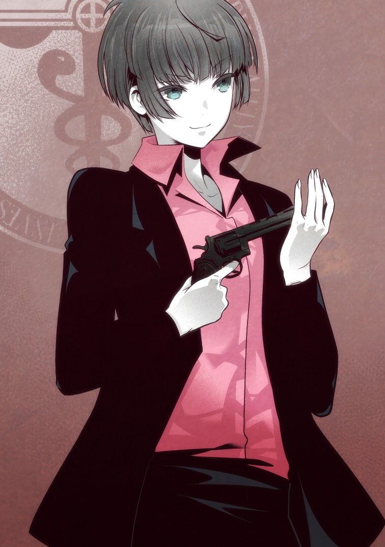 1girl black_eyes black_hair black_jacket black_skirt brown_background collarbone dress_shirt eyebrows_visible_through_hair gun holding holding_gun holding_weapon jacket kuso_bba pink_shirt psycho-pass shirt short_hair skirt smile solo standing tsunemori_akane weapon