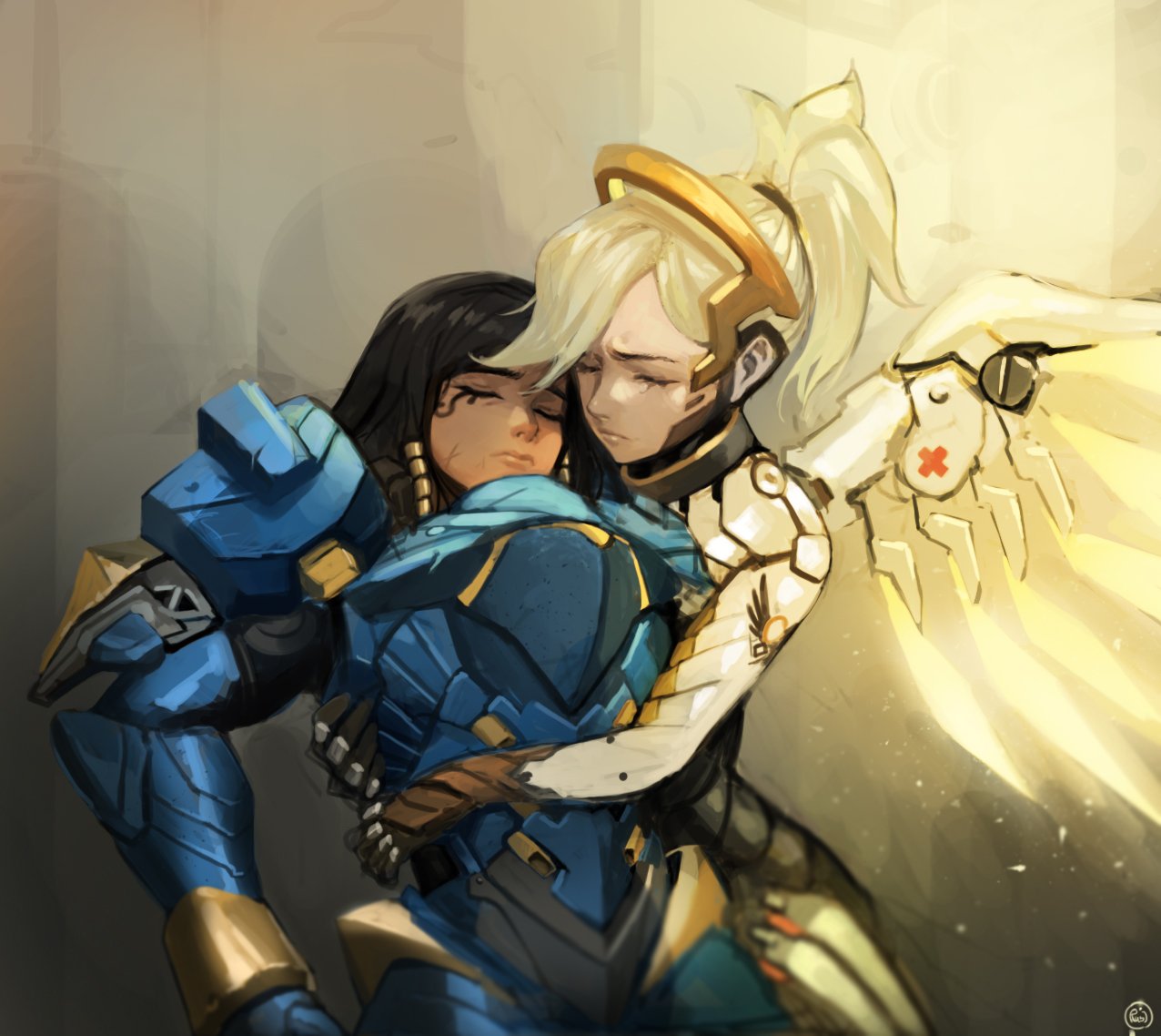 2girls black_hair blonde_hair bodysuit breasts closed_eyes dark_skin emblem eye_of_horus facial_mark facial_tattoo flying frown glowing glowing_wings gradient gradient_background grey_background hair_tubes high_ponytail holding_person hug light_particles mechanical_halo mercy_(overwatch) multiple_girls no_headwear no_helmet overwatch pharah_(overwatch) power_armor rushi_(bloodc) side_braids tattoo unconscious unhappy upper_body white_bodysuit wings