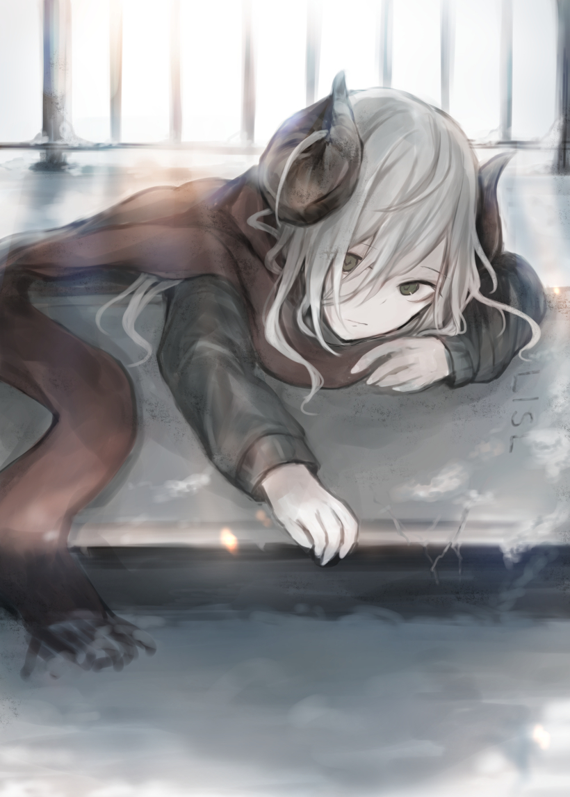 1girl bangs black_sweater brown_scarf closed_mouth commentary_request crack curled_horns eyebrows_visible_through_hair fringe grave grey_eyes hair_between_eyes hasunokaeru horns long_hair long_sleeves lying on_side original outdoors outstretched_arm railing silver_hair solo sweater