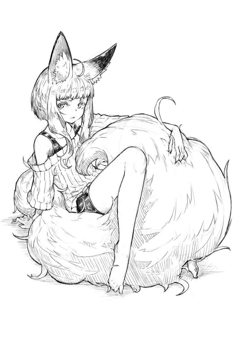 1girl ahoge animal_ears arm_support bangs bare_legs bare_shoulders barefoot between_legs bike_shorts blunt_bangs closed_mouth fox_ears fox_tail jaco long_sleeves looking_at_viewer monochrome off-shoulder_sweater original shirt short_hair short_hair_with_long_locks simple_background sitting sketch solo sweater tail tail_between_legs white_background