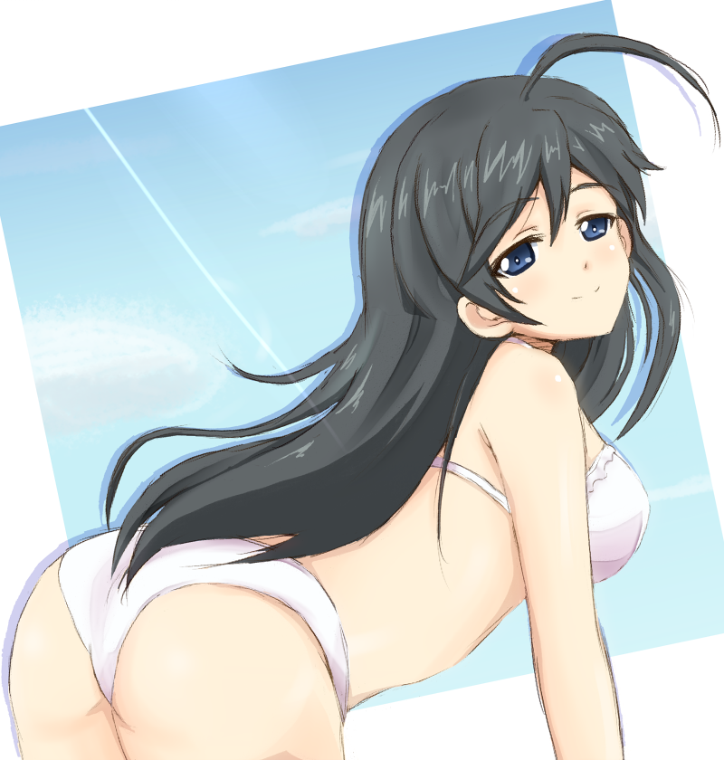 1girl ahoge all_fours ass bangs black_hair blue_eyes girls_und_panzer isuzu_hana long_hair looking_at_viewer smile solo sync_(id_12519877) white_bikini