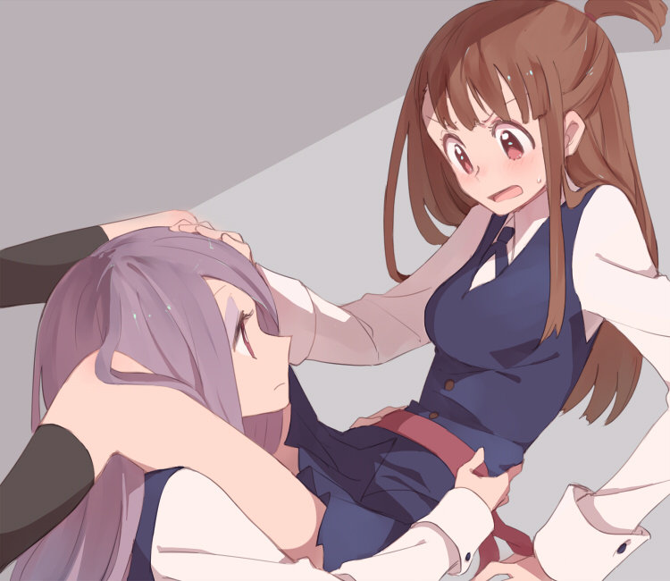 2girls black_legwear brown_hair hand_on_another's_head kagari_atsuko little_witch_academia long_hair multiple_girls pink_hair red_eyes school_uniform short_ponytail sitting sou_(tuhut) sucy_manbavaran sweatdrop yuri