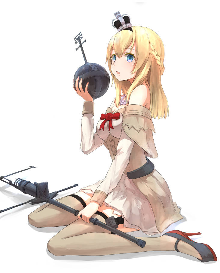 10s 1girl black_shoes blonde_hair blue_eyes braid crown dress french_braid garter_straps hair_between_eyes ifpark_(ifpark.com) jewelry kantai_collection long_hair long_sleeves mary_janes mini_crown necklace off-shoulder_dress off_shoulder open_mouth shadow shoes simple_background sitting solo thigh-highs wariza warspite_(kantai_collection) white_background white_dress white_legwear