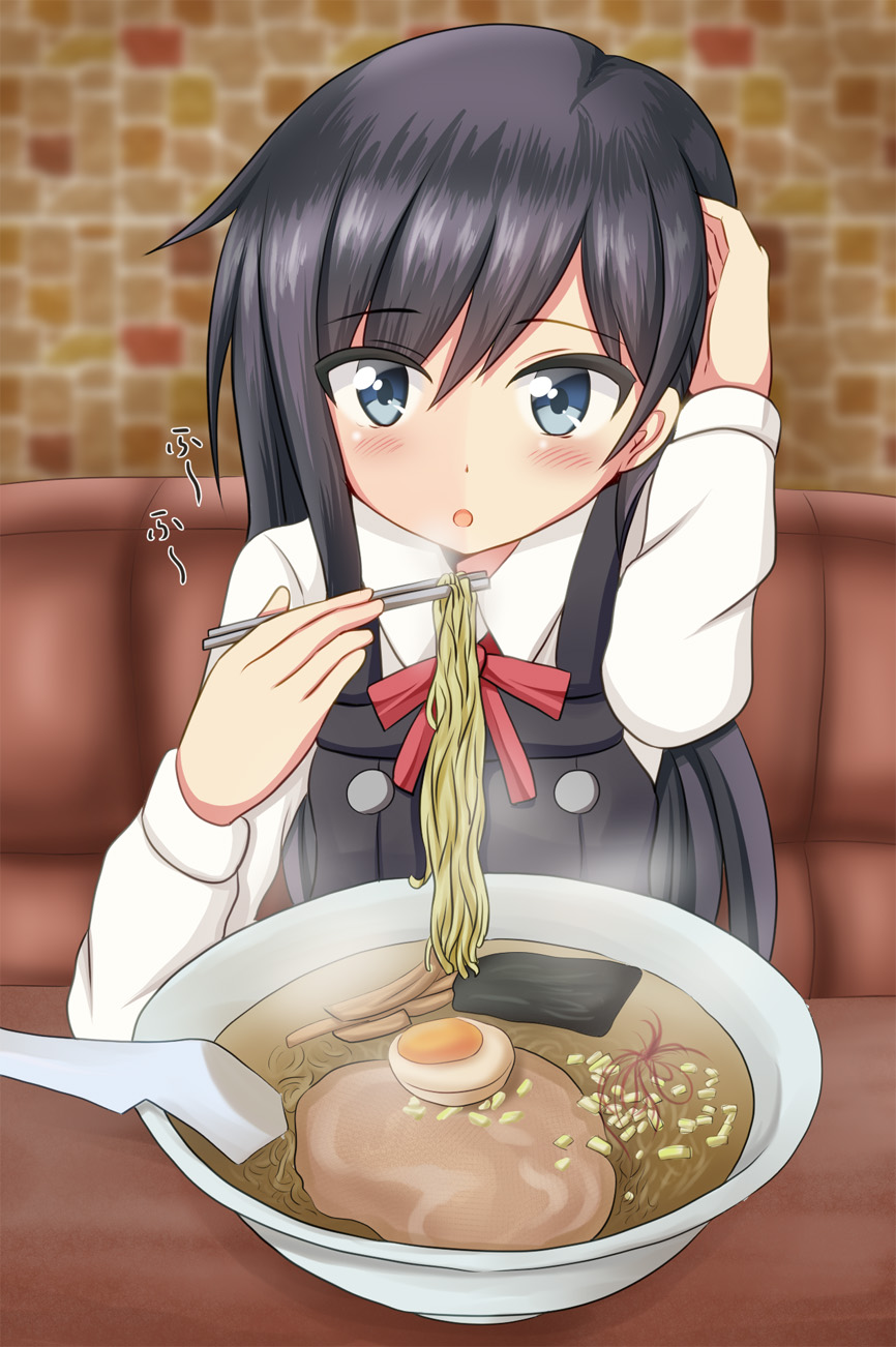 10s 1girl asashio_(kantai_collection) black_hair blowing blue_eyes bowl chopsticks commentary_request eating egg eyebrows_visible_through_hair food hair_between_eyes hand_in_hair highres indoors kantai_collection long_hair noodles ramen red_ribbon remodel_(kantai_collection) ribbon shirt tamayan white_shirt