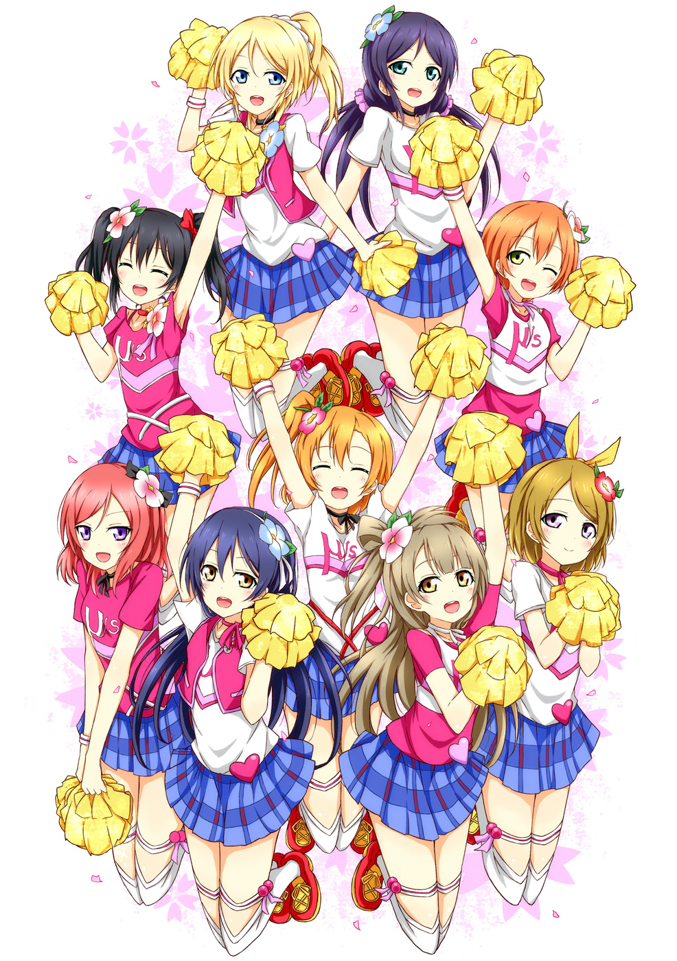 6+girls :d ;d arm_up arms_up ayase_eli black_hair black_ribbon blonde_hair blue_eyes blue_flower blue_skirt cheerleader choker closed_eyes flower green_eyes hair_flower hair_ornament hair_scrunchie happy_maker! highres hoshizora_rin karamoneeze koizumi_hanayo kousaka_honoka long_hair looking_at_viewer love_live! love_live!_school_idol_project minami_kotori miniskirt multiple_girls nishikino_maki one_eye_closed open_mouth orange_hair pleated_skirt pom_poms ponytail purple_hair red_flower red_shirt redhead ribbon ribbon_choker scrunchie shirt short_hair short_sleeves side_ponytail simple_background skirt smile sonoda_umi toujou_nozomi twintails very_long_hair violet_eyes white_background white_legwear white_ribbon white_shirt yazawa_nico yellow_eyes