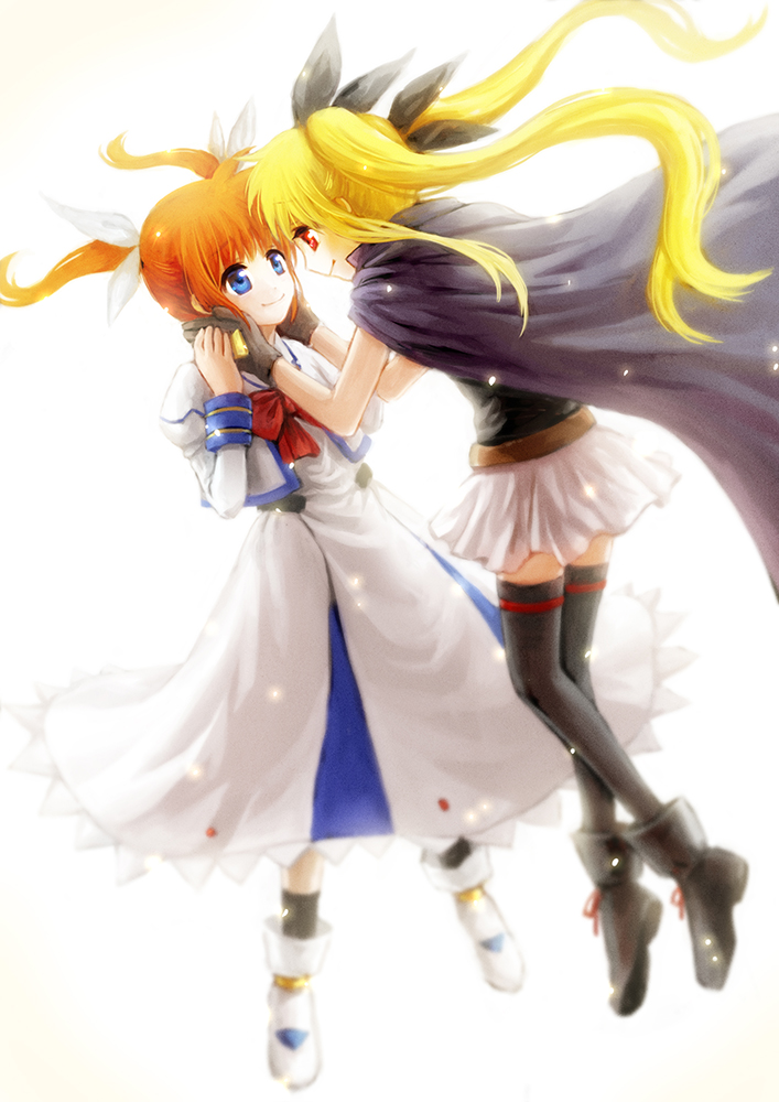 2girls blonde_hair blue_eyes brown_hair cape dress face-to-face fate_testarossa floating gloves hair_ribbon hand_holding hands_on_another's_face inukoro_(spa) long_hair looking_at_another lyrical_nanoha magical_girl mahou_shoujo_lyrical_nanoha multiple_girls neck_ribbon orange_hair red_eyes ribbon skirt smile takamachi_nanoha thigh-highs twintails white_background yuri zettai_ryouiki