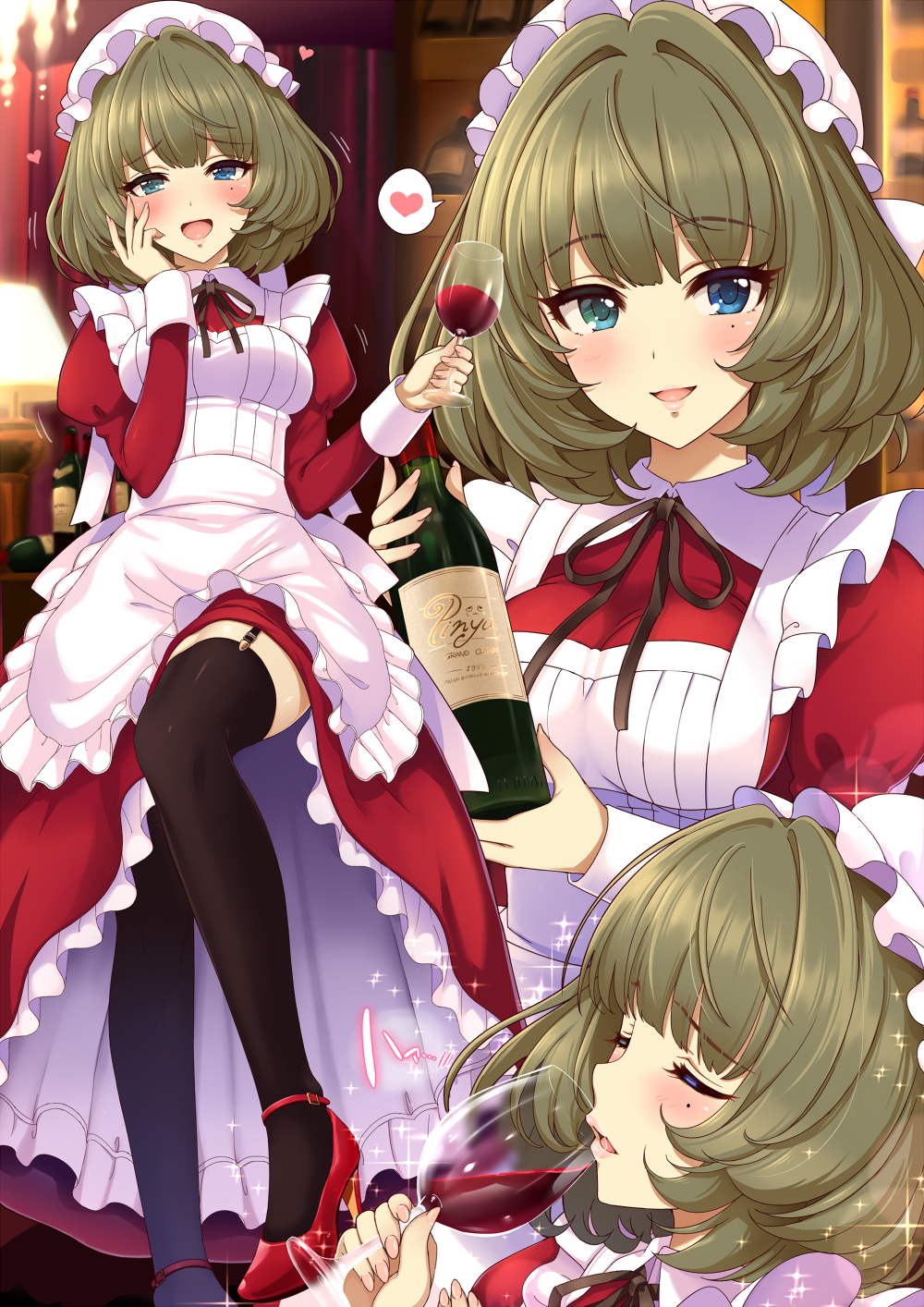 1girl :d alcohol alternate_costume apron black_legwear blue_eyes bottle breasts brown_hair closed_eyes commentary_request cup drinking_glass enmaided garter_straps green_eyes heart heterochromia high_heels highres idolmaster idolmaster_cinderella_girls jewel_(the_black_canvas) lips long_sleeves looking_at_viewer maid maid_apron maid_cap medium_breasts mole mole_under_eye open_mouth puffy_sleeves red_shoes shoes short_hair smile solo spoken_heart takagaki_kaede thigh-highs white_apron wine wine_bottle wine_glass
