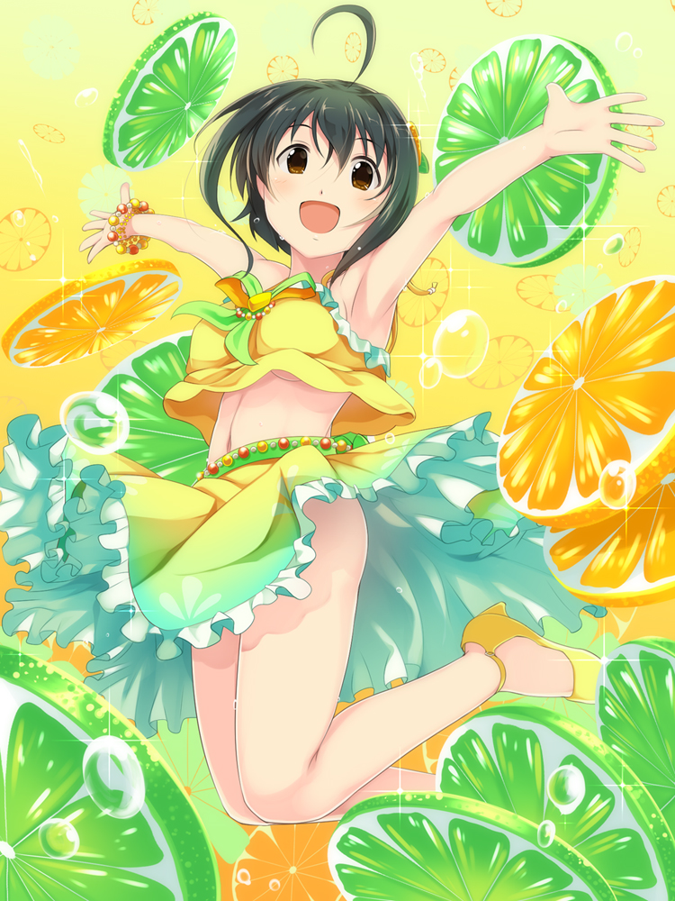 1girl ahoge black_hair blush brown_eyes commentary_request food fruit idolmaster idolmaster_cinderella_girls kohinata_miho lemon lemon_slice lime_slice looking_at_viewer open_mouth outstretched_arms sch short_hair smile solo water