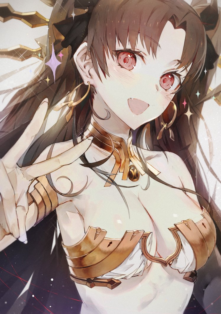 1girl bare_shoulders blush breasts brown_hair cleavage crown earrings fate/grand_order fate_(series) hair_ribbon hong hoop_earrings ishtar_(fate/grand_order) jewelry long_hair looking_at_viewer medium_breasts open_mouth red_eyes ribbon smile solo sparkle tohsaka_rin upper_body v