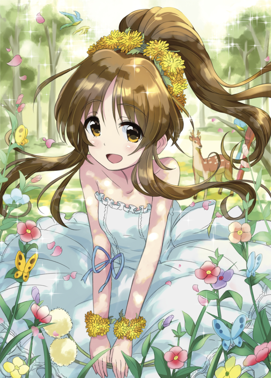 1girl bird blue_ribbon breasts brown_hair butterfly collarbone deer dress floating_hair flower_bracelet forest head_wreath high_ponytail highres idolmaster idolmaster_cinderella_girls kingin long_hair looking_at_viewer nature open_mouth outdoors petals ribbon sidelocks sleeveless small_breasts solo sparkle strapless strapless_dress takamori_aiko tree v_arms very_long_hair white_dress yellow_eyes yellow_flower