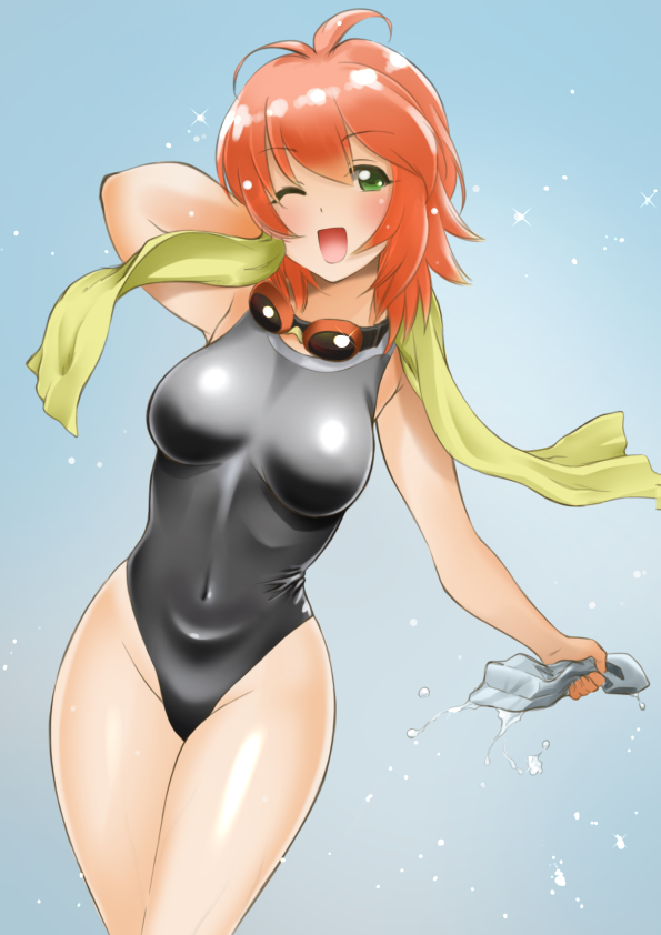 1girl chaborin competition_swimsuit covered_navel cowboy_shot goggles goggles_around_neck gradient gradient_background green_eyes grey_swimsuit looking_at_viewer navel one-piece_swimsuit open_mouth original redhead short_hair solo standing swimcap_removed swimsuit towel wet