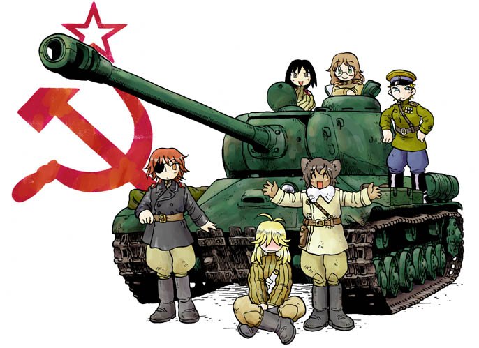 6+girls black_hair blonde_hair blue_eyes bottle brown_hair eyepatch glasses green_eyes ground_vehicle hammer_and_sickle hayami_rasenjin is-2 military military_vehicle motor_vehicle multiple_girls original red_eyes redhead smile soviet tank tank_helmet