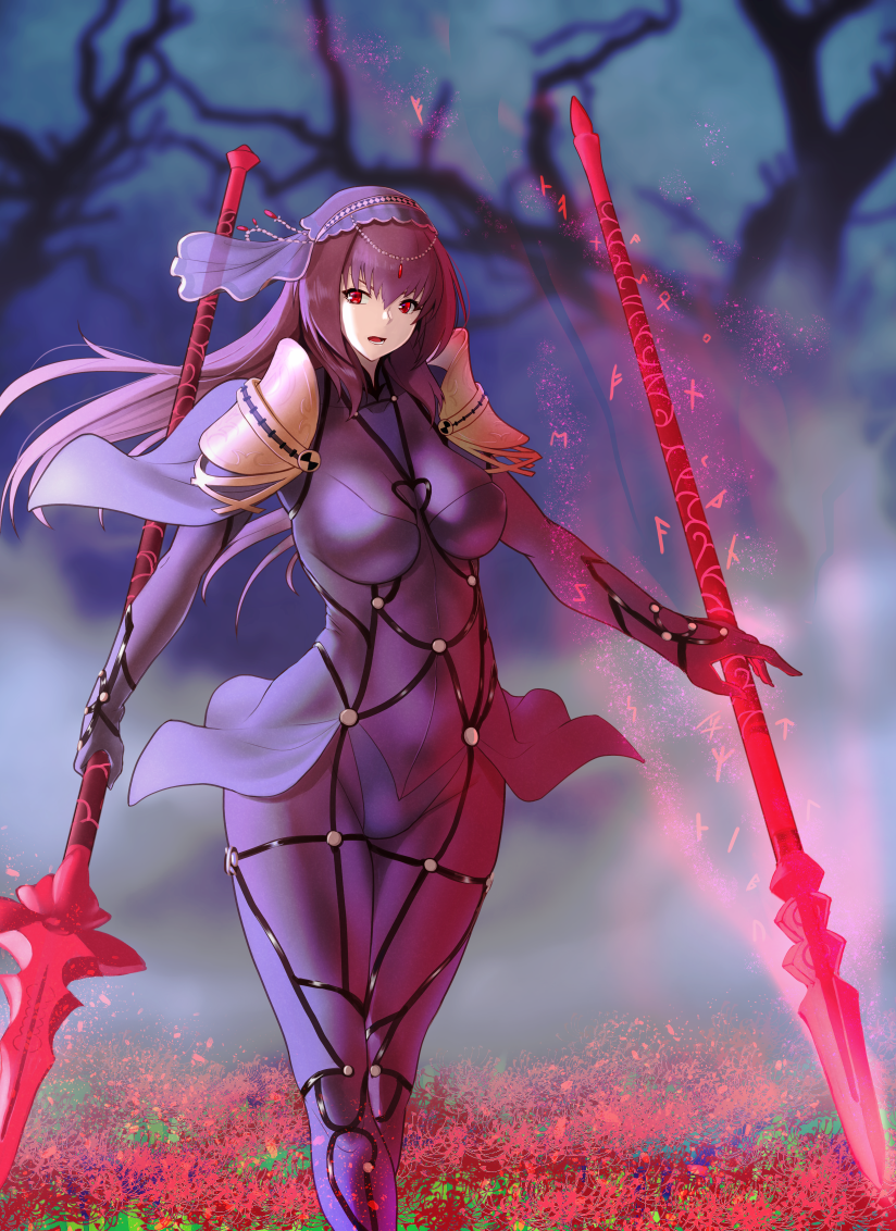 1girl covered_navel dual_wielding fate/grand_order fate_(series) flower lance long_hair looking_at_viewer parted_lips polearm purple_hair red_eyes scathach_(fate/grand_order) solo spaulders standing tree weapon wide_hips