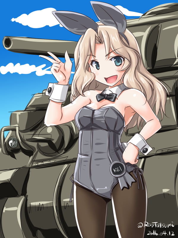 1girl animal_ears black_bow black_bowtie black_legwear blonde_hair blue_eyes bow bowtie breasts bunnysuit character_name cleavage clouds cloudy_sky cowboy_shot dated day detached_collar fake_animal_ears girls_und_panzer grey_leotard ground_vehicle hair_intakes hand_on_hip kay_(girls_und_panzer) leotard long_hair looking_at_viewer m4_sherman medium_breasts military military_vehicle motor_vehicle open_mouth outdoors pantyhose rabbit_ears romaji side-tie_leotard sky smile solo standing strapless strapless_leotard tank tatsumi_rei twitter_username v wrist_cuffs
