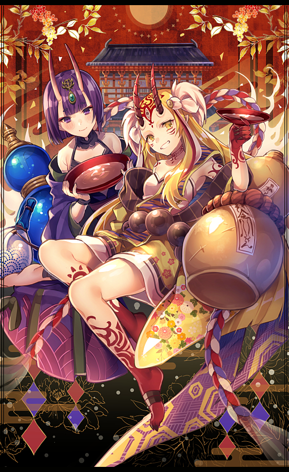 2girls alcohol blonde_hair blush breasts cup earrings facial_mark fate/grand_order fate_(series) horns ibaraki_douji_(fate/grand_order) japanese_clothes jewelry kimono long_hair looking_at_viewer multiple_girls navel oni oni_horns open_mouth pointy_ears purple_hair sakazuki sake short_hair shuten_douji_(fate/grand_order) small_breasts smile tattoo violet_eyes yellow_eyes yunohito