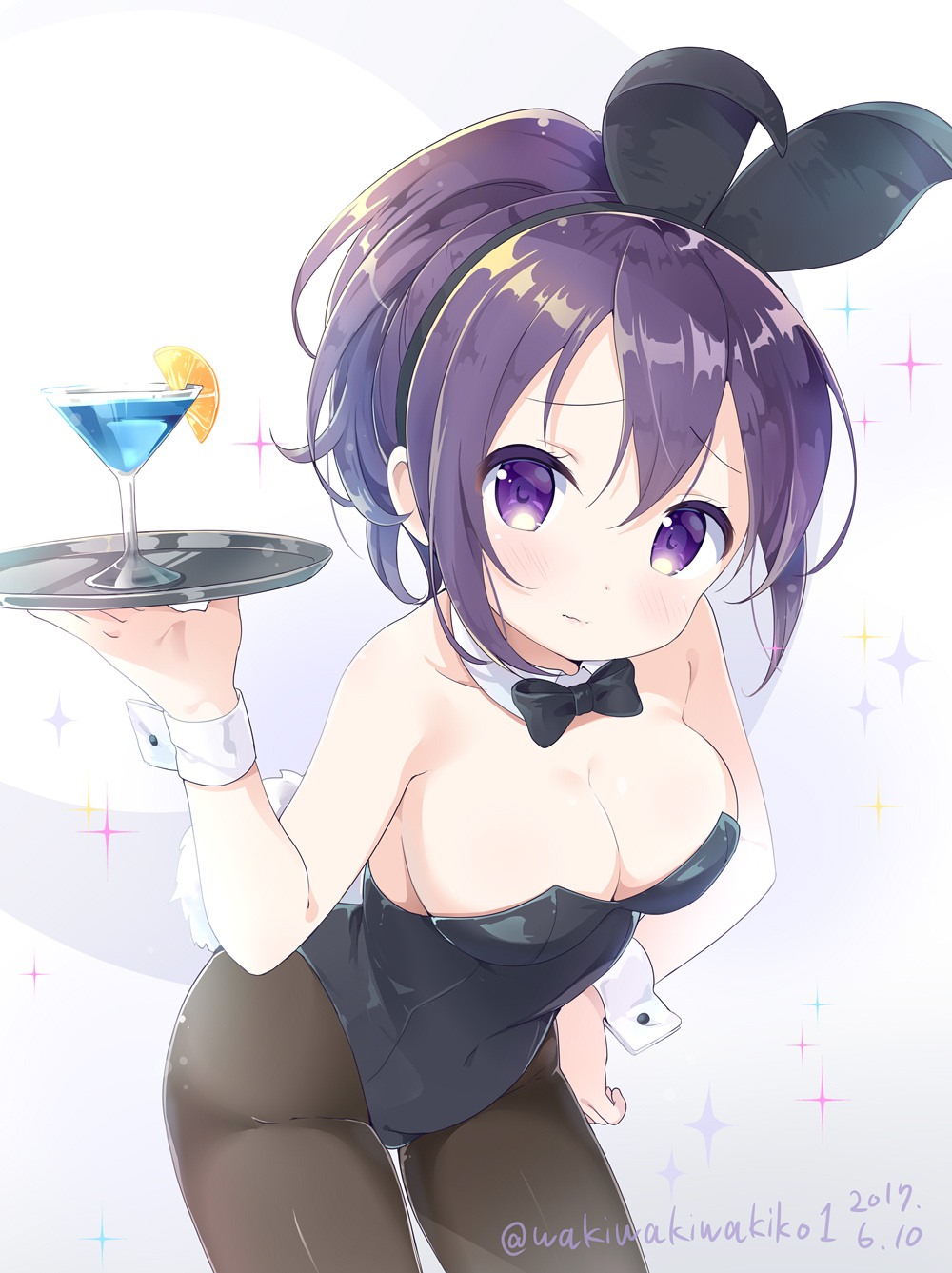 1girl alternate_hairstyle animal_ears arm_up bare_shoulders black_legwear blush bow bowtie breasts bunny_girl bunny_tail bunnysuit carrying cleavage cocktail_glass cup dated detached_collar drink drinking_glass fake_animal_ears food fruit gochuumon_wa_usagi_desu_ka? hand_on_hip highres leaning_forward lemon lemon_slice leotard long_hair looking_at_viewer medium_breasts neki_(wakiko) no_bra orange orange_slice pantyhose ponytail purple_hair rabbit_ears smile solo strapless strapless_leotard tail tedeza_rize tray twitter_username violet_eyes wrist_cuffs