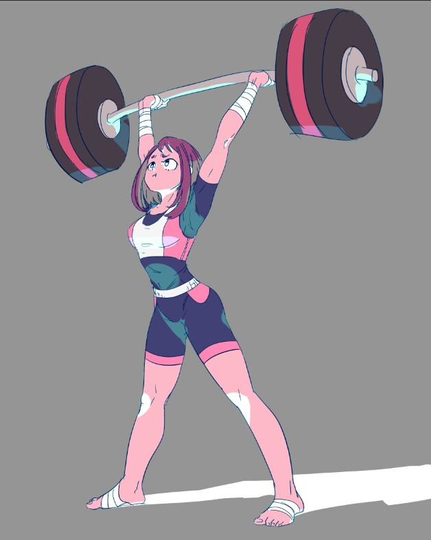 1girl arms_up artist_request bandage barefoot bike_shorts bodystocking boku_no_hero_academia breasts brown_hair crop_top feet full_body grey_background lifting midriff pout simple_background solo uraraka_ochako weightlifting weights