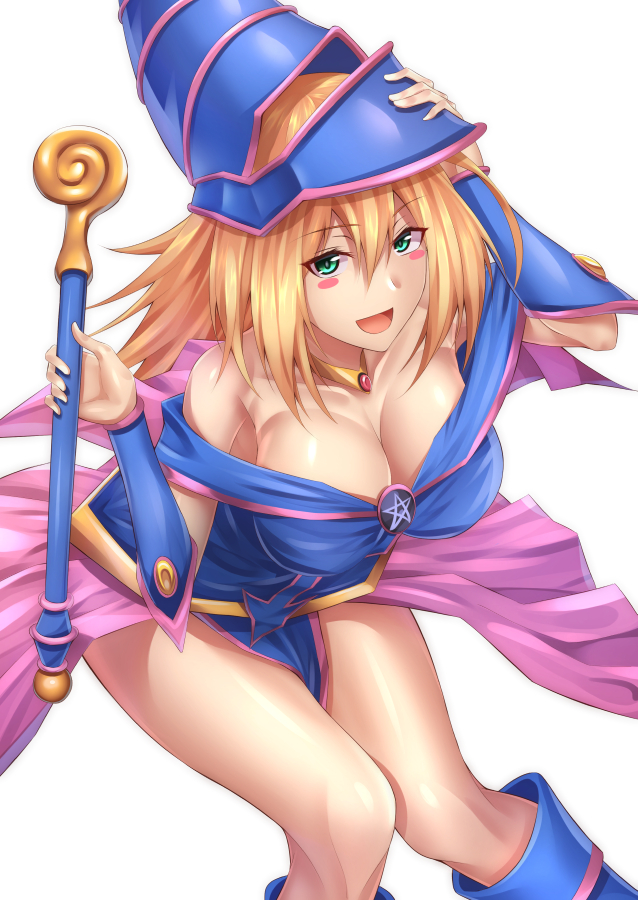 1girl :d adjusting_clothes adjusting_hat armpits bare_shoulders blonde_hair blue_boots blush_stickers boots breasts choker cleavage collarbone dark_magician_girl duel_monster green_eyes hair_between_eyes hat holding holding_staff large_breasts long_hair looking_at_viewer matsunaga_garana open_mouth pentacle showgirl_skirt smile solo staff wizard_hat yu-gi-oh!