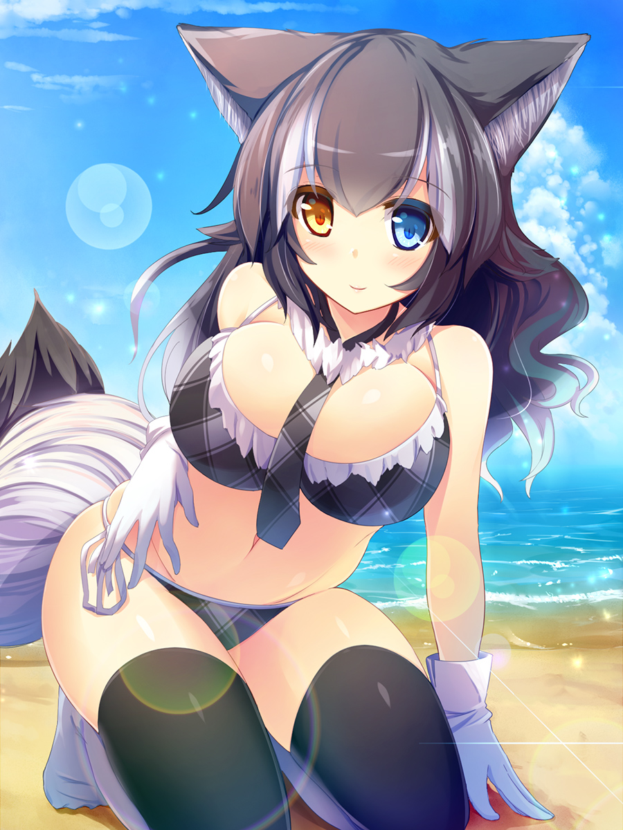 1girl alternate_costume animal_ears beach between_breasts bikini black_hair black_legwear blue_eyes blush breasts clouds fur_collar gloves grey_wolf_(kemono_friends) heterochromia highres kemono_friends kneeling large_breasts liya long_hair looking_at_viewer multicolored_hair navel necktie necktie_between_breasts ocean plaid plaid_bikini plaid_necktie side-tie_bikini sky smile solo swimsuit tail thigh-highs two-tone_hair white_gloves wolf_ears wolf_tail yellow_eyes