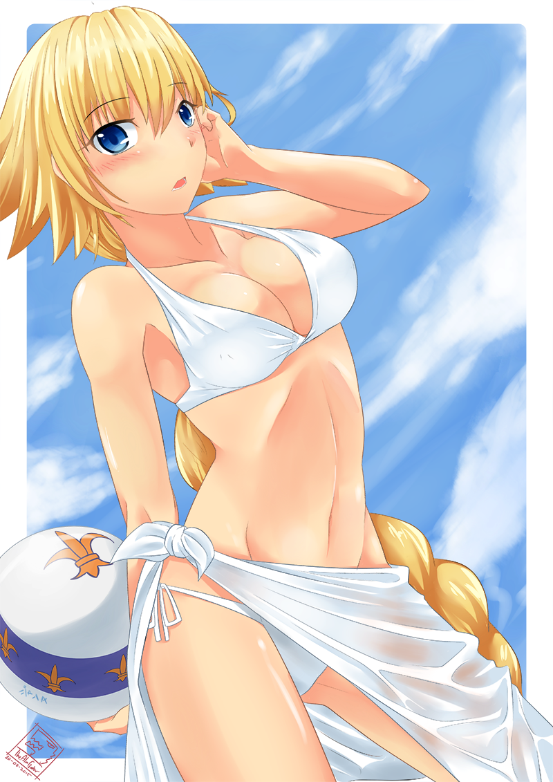 ball beach bikini blue_eyes blue_sky blush braid breasts clouds dutch_angle fate/apocrypha fate_(series) groin hair_between_eyes hand_in_hair long_braid medium_breasts navel outside_border ruler_(fate/apocrypha) sarong short_hair single_braid sky strap_gap swimsuit thealagator white_border