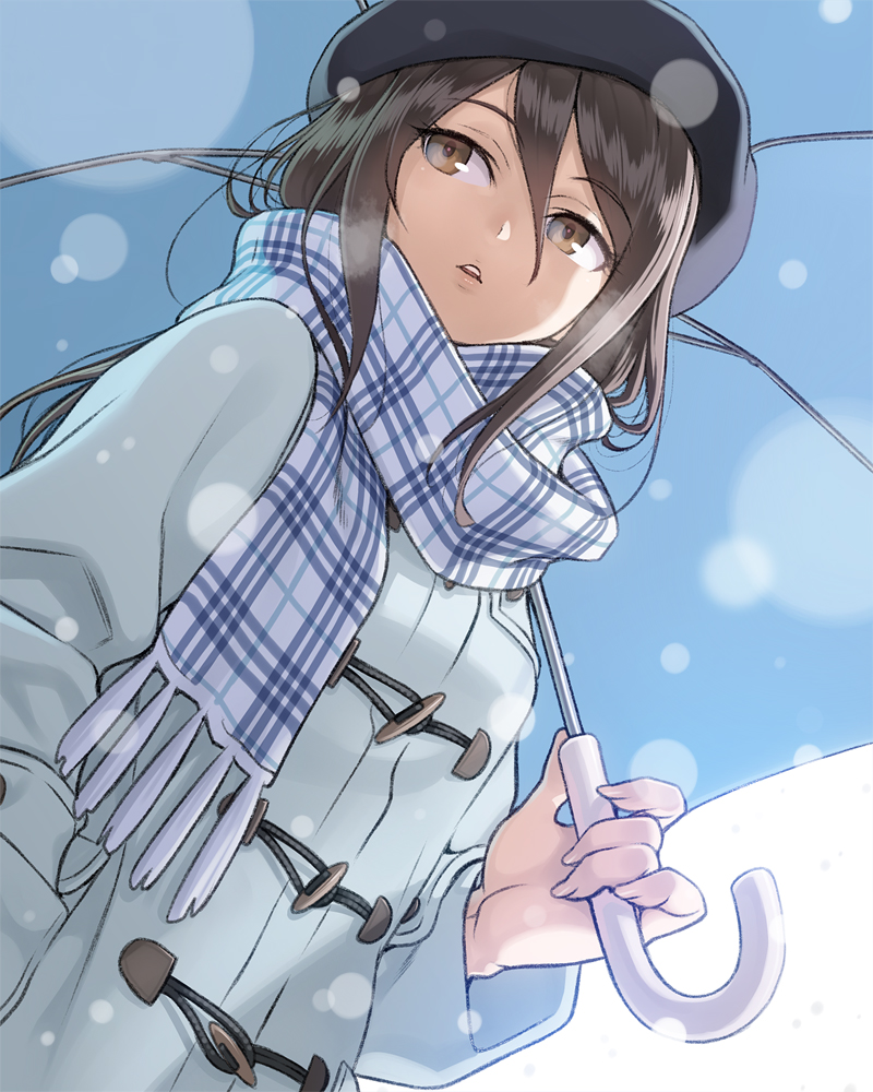 1girl beret brown_eyes brown_hair coat girls_und_panzer hair_between_eyes hat long_hair long_sleeves mika_(girls_und_panzer) pairan scarf solo umbrella