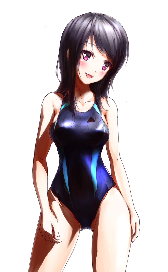 1girl :3 :d bangs black_hair blue_swimsuit blush breasts collarbone competition_swimsuit covered_navel cowboy_shot eyebrows_visible_through_hair hips ina legs_apart long_hair medium_breasts one-piece_swimsuit open_mouth original simple_background smile solo swimsuit thighs white_background
